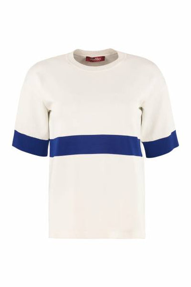 White Knit Short Sleeve Top with Blue Stripe